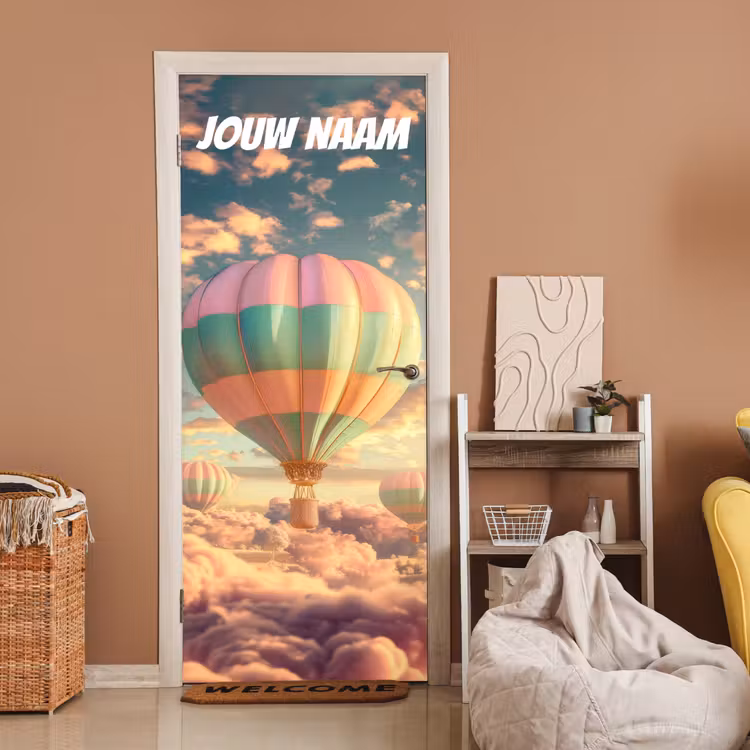Deursticker met naam - Luchtballon - Wolken - Pastel — 2