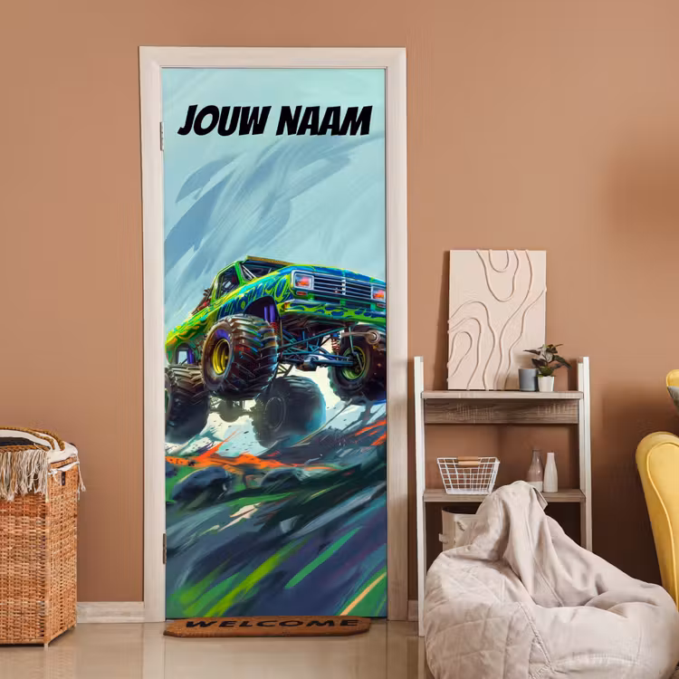 Deursticker met naam - Monstertruck - Banden - Kleurrijk — 2