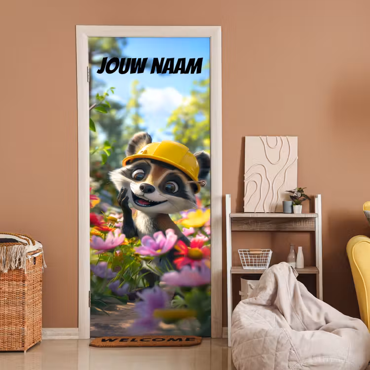 Deursticker met naam - Wasbeer - Bouwhelm - Geel — 2