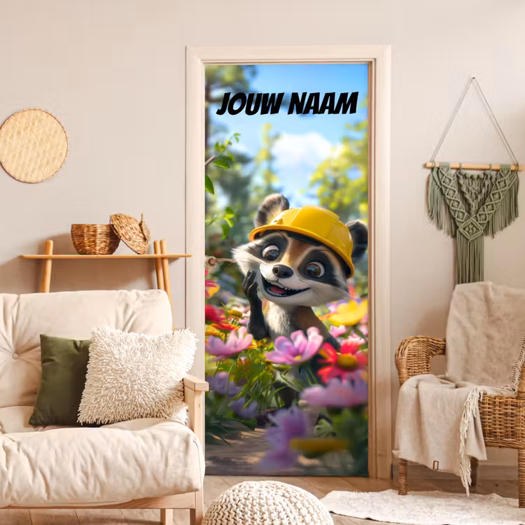 Deursticker met naam - Wasbeer - Bouwhelm - Geel — 4