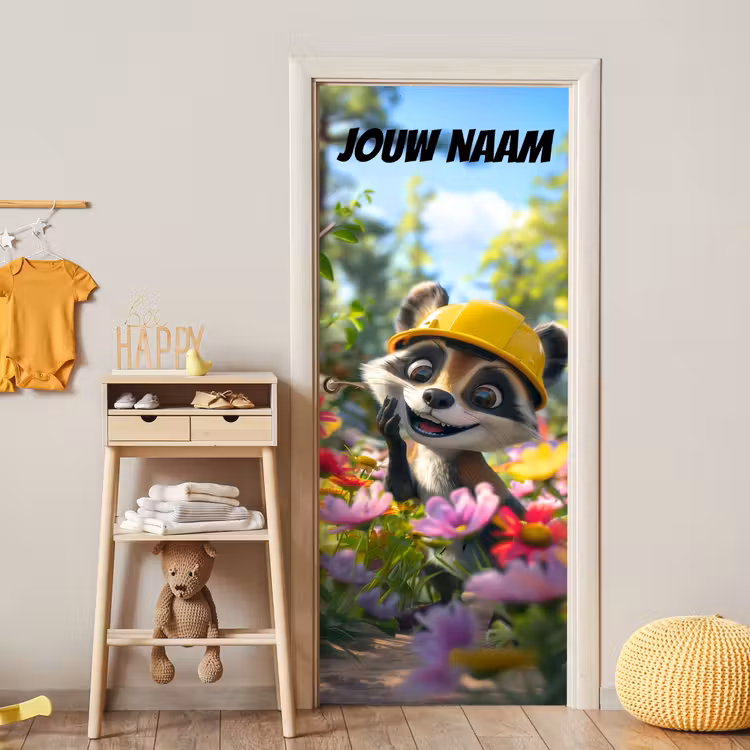 Deursticker met naam - Wasbeer - Bouwhelm - Geel — 6