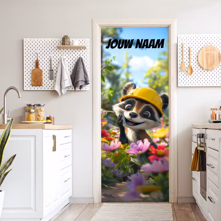 Deursticker met naam - Wasbeer - Bouwhelm - Geel — 7