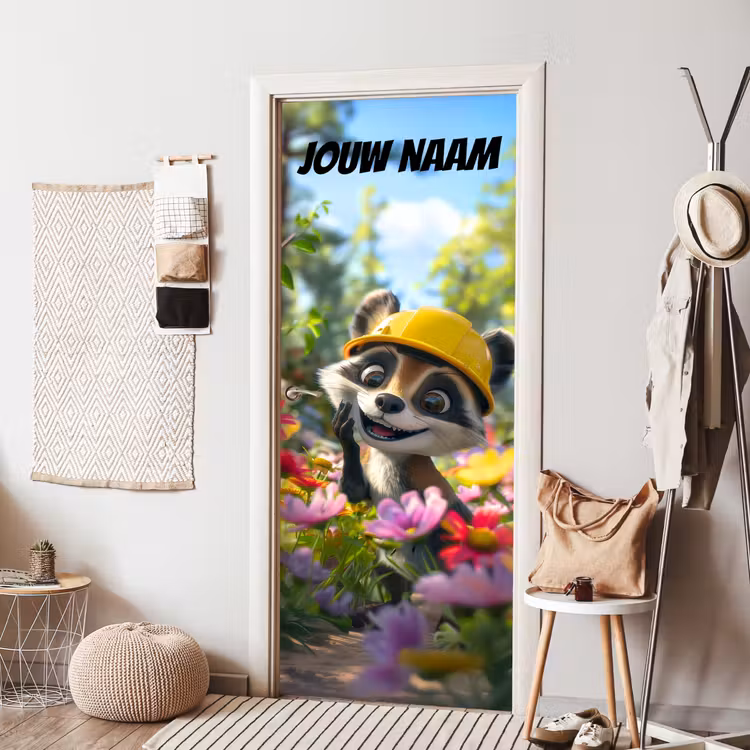 Deursticker met naam - Wasbeer - Bouwhelm - Geel — 8