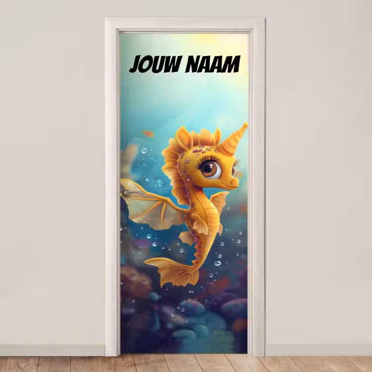 Deursticker met naam - Zeepaardje - Illustratie - Geel — 1