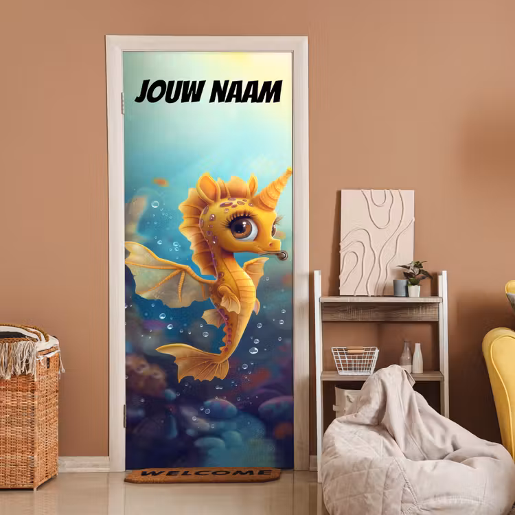 Deursticker met naam - Zeepaardje - Illustratie - Geel — 2