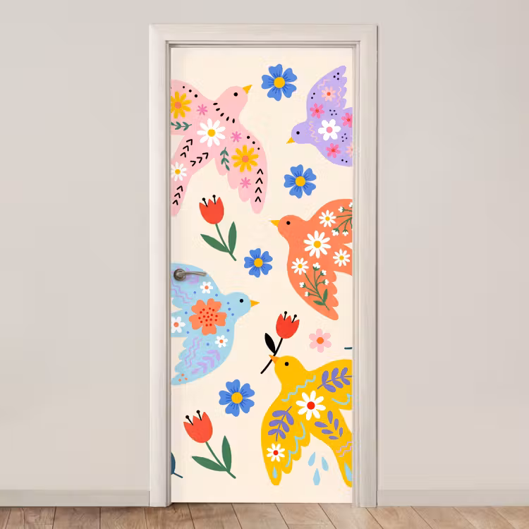 Deursticker - Vogel - Bloemen - Folk - Kleurrijk - Dieren — 1