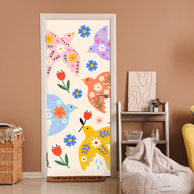 Deursticker - Vogel - Bloemen - Folk - Kleurrijk - Dieren — 2