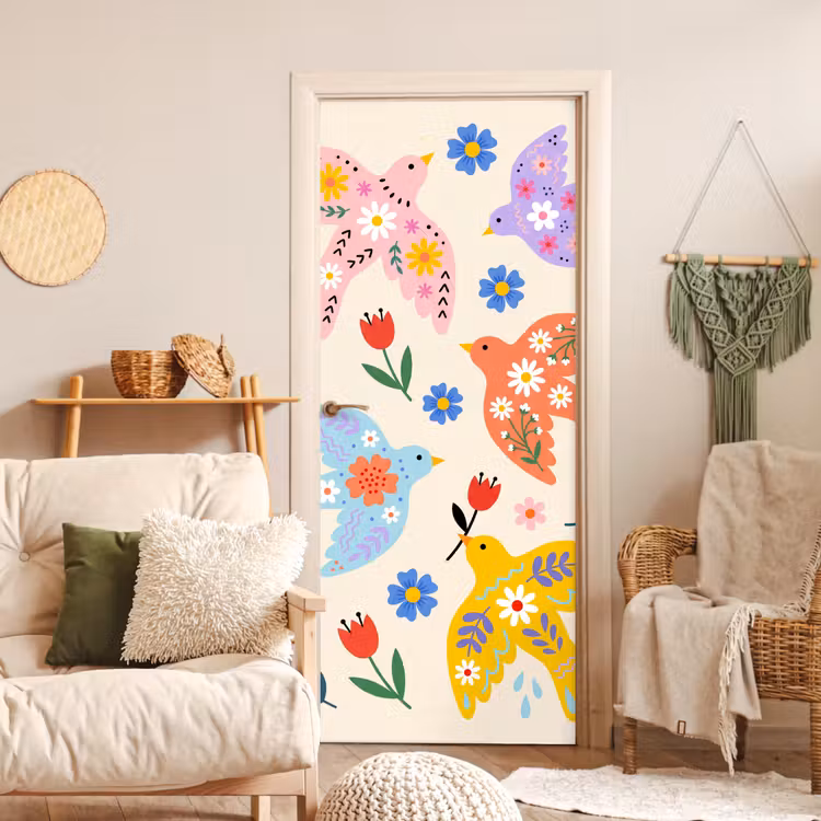 Deursticker - Vogel - Bloemen - Folk - Kleurrijk - Dieren — 4