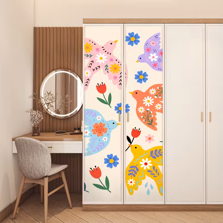 Deursticker - Vogel - Bloemen - Folk - Kleurrijk - Dieren — 5