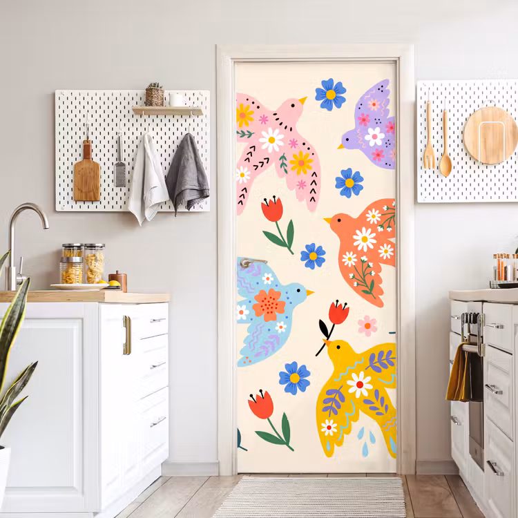 Deursticker - Vogel - Bloemen - Folk - Kleurrijk - Dieren — 7