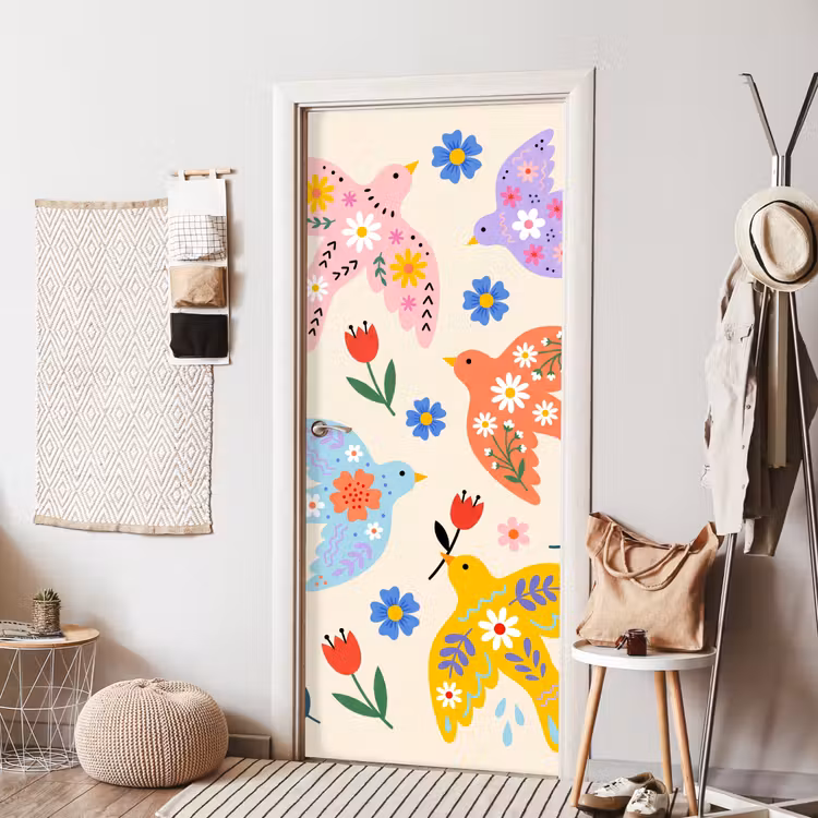Deursticker - Vogel - Bloemen - Folk - Kleurrijk - Dieren — 8
