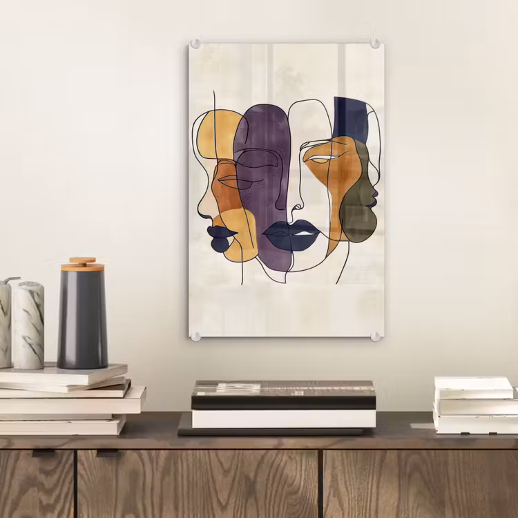 Glas schilderij - Abstract - Overlappende gezichten - Paars - Donkergroen — 2
