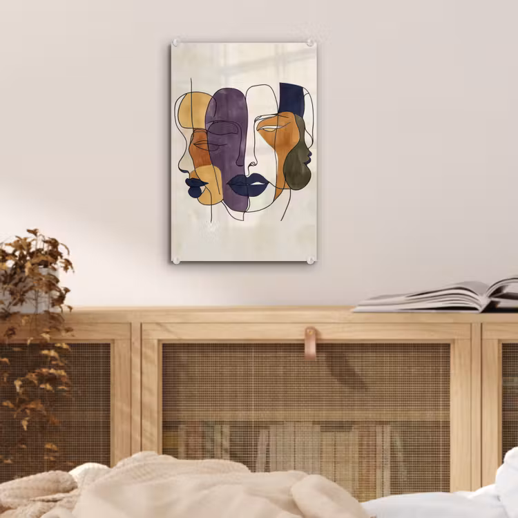 Glas schilderij - Abstract - Overlappende gezichten - Paars - Donkergroen — 5