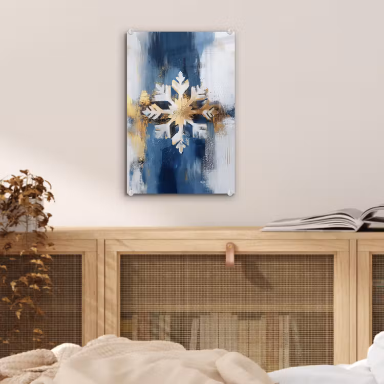 Glas schilderij - Abstract - Winter - Sneeuwvlok - Sneeuw - Goud — 5