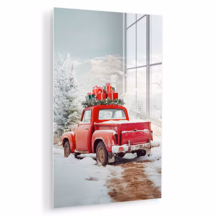 Glas schilderij - Auto - Rood - Cadeaus - Winter - Sneeuw - Kerst — 1