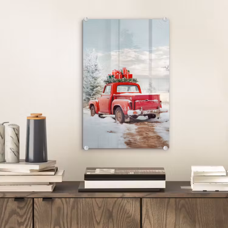 Glas schilderij - Auto - Rood - Cadeaus - Winter - Sneeuw - Kerst — 2