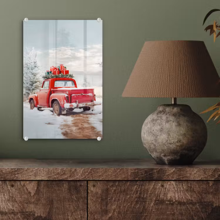 Glas schilderij - Auto - Rood - Cadeaus - Winter - Sneeuw - Kerst — 4
