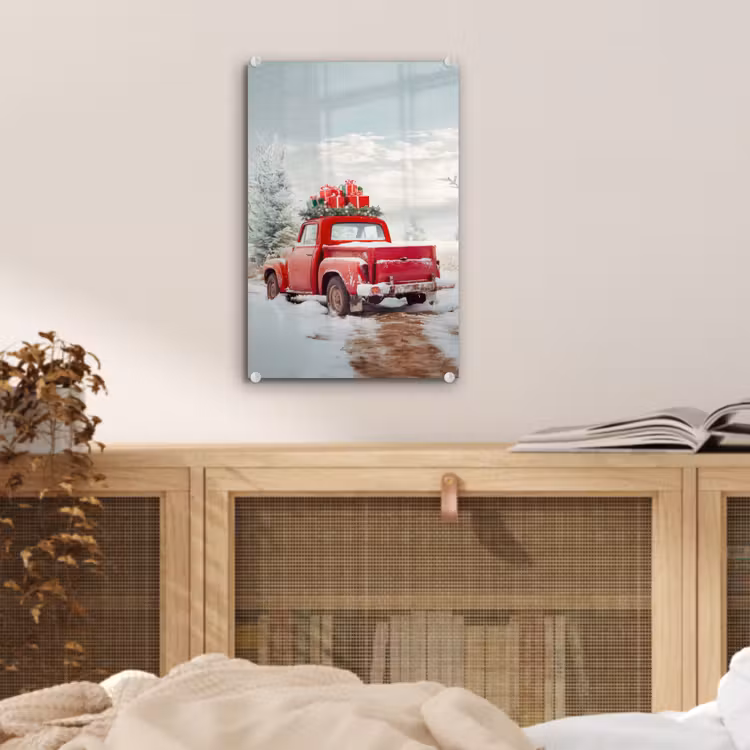 Glas schilderij - Auto - Rood - Cadeaus - Winter - Sneeuw - Kerst — 5