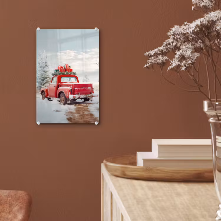 Glas schilderij - Auto - Rood - Cadeaus - Winter - Sneeuw - Kerst — 6