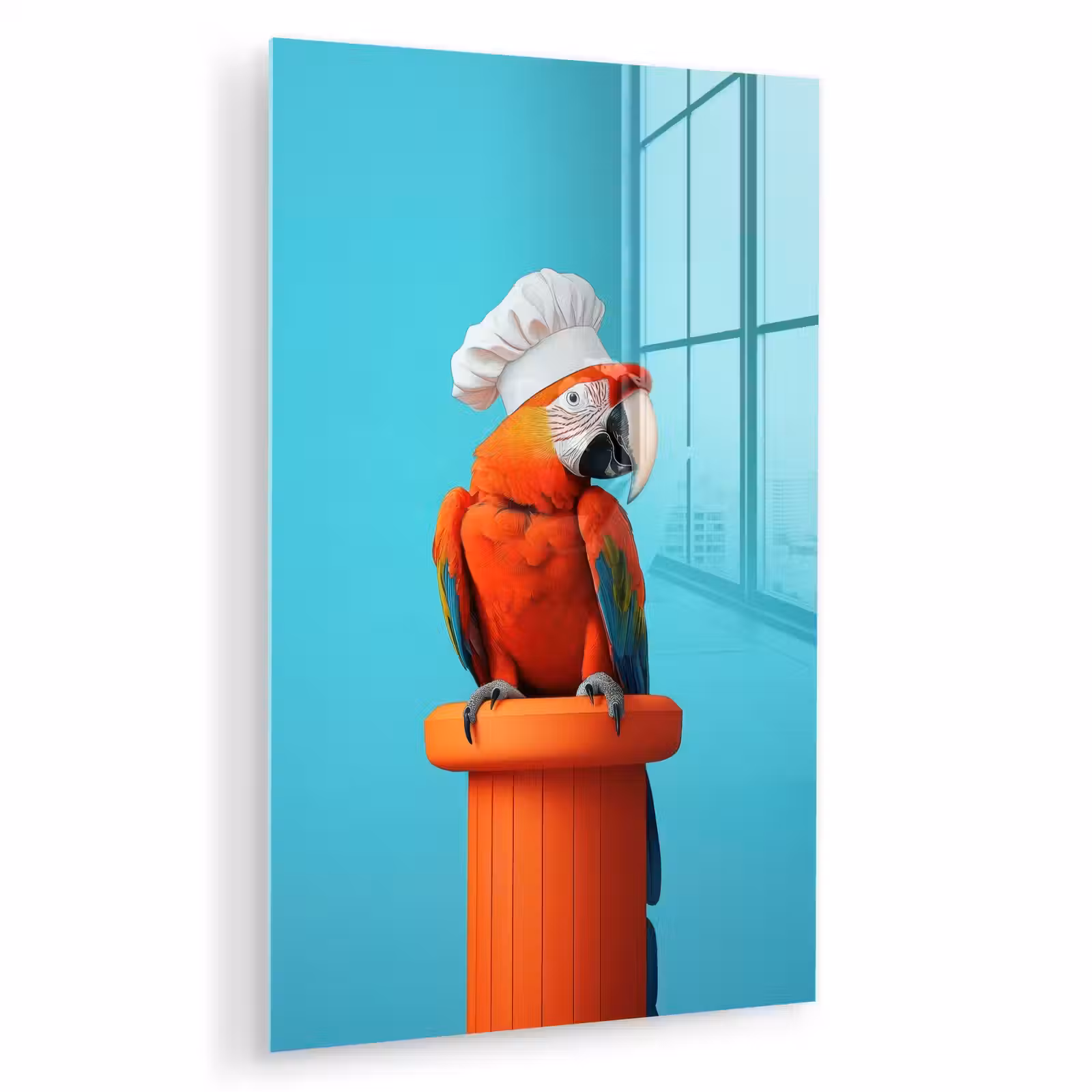 Glas schilderij - Ara - Koksmuts - Sokkel - Grappig — 1