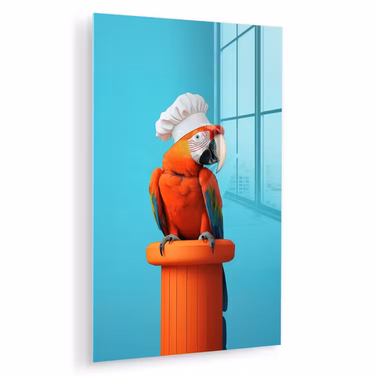 Glas schilderij - Ara - Koksmuts - Sokkel - Grappig — 1