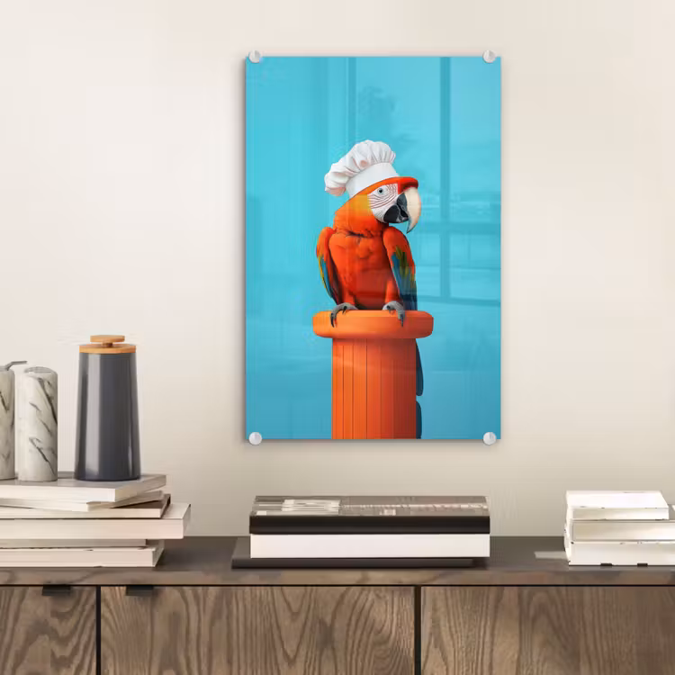 Glas schilderij - Ara - Koksmuts - Sokkel - Grappig — 2