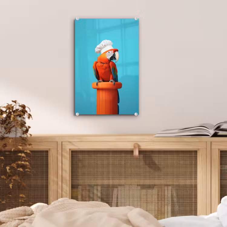 Glas schilderij - Ara - Koksmuts - Sokkel - Grappig — 5