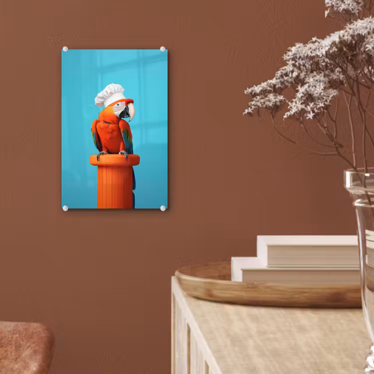 Glas schilderij - Ara - Koksmuts - Sokkel - Grappig — 6