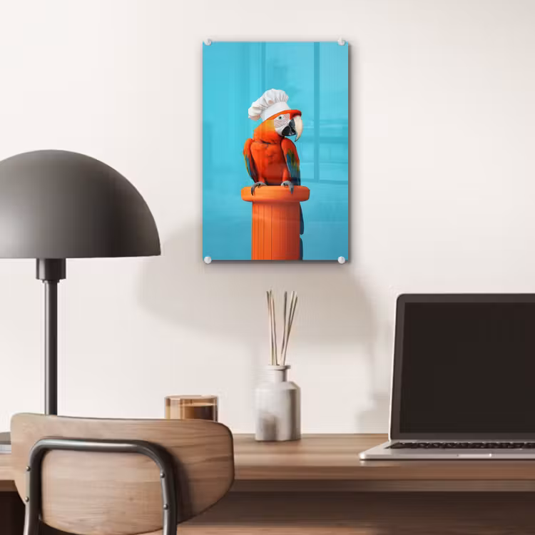 Glas schilderij - Ara - Koksmuts - Sokkel - Grappig — 7