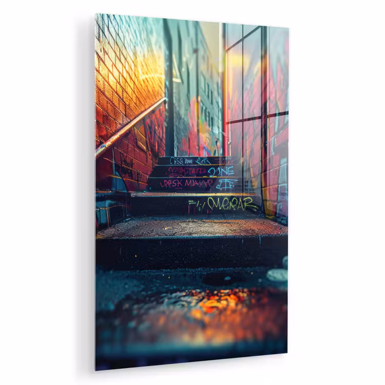 Glas schilderij - Architectuur - Neon - Trap - Graffiti — 1