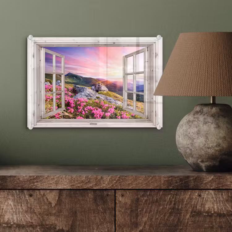 Glas schilderij - Bergen - Landschap - Doorkijk - Bloemen - Avond - Roze — 4