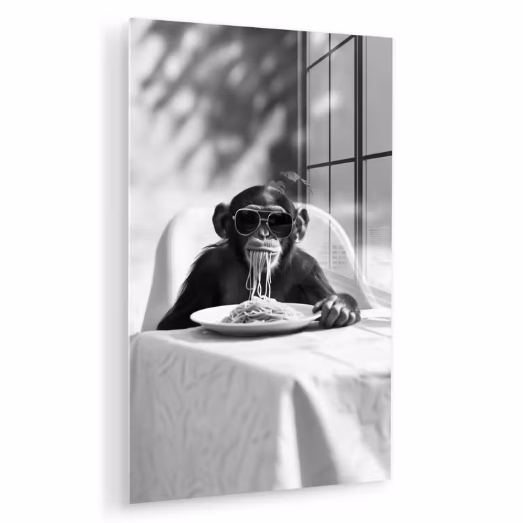 Glas schilderij - Aap - Spaghetti - Zonnebril - Zwart wit - Cool - Dier — 1