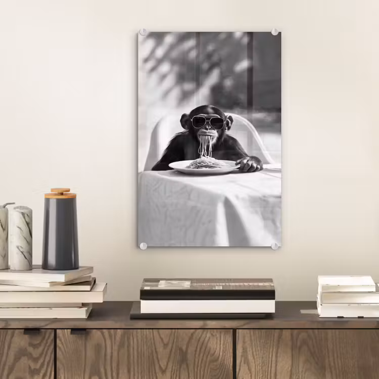 Glas schilderij - Aap - Spaghetti - Zonnebril - Zwart wit - Cool - Dier — 2