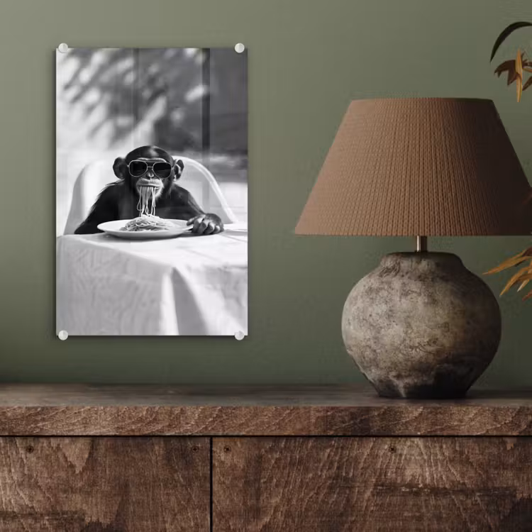 Glas schilderij - Aap - Spaghetti - Zonnebril - Zwart wit - Cool - Dier — 4