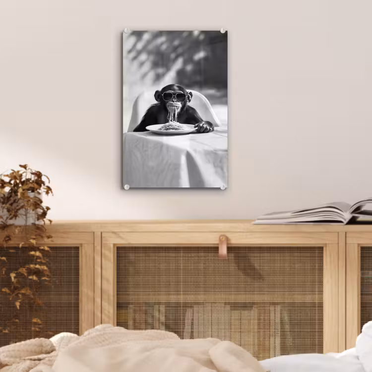 Glas schilderij - Aap - Spaghetti - Zonnebril - Zwart wit - Cool - Dier — 5