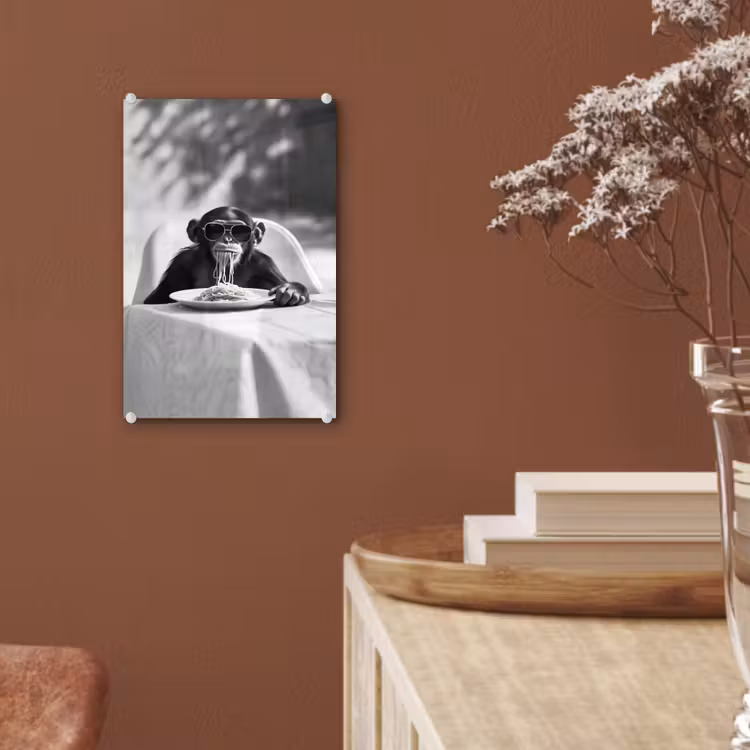Glas schilderij - Aap - Spaghetti - Zonnebril - Zwart wit - Cool - Dier — 6