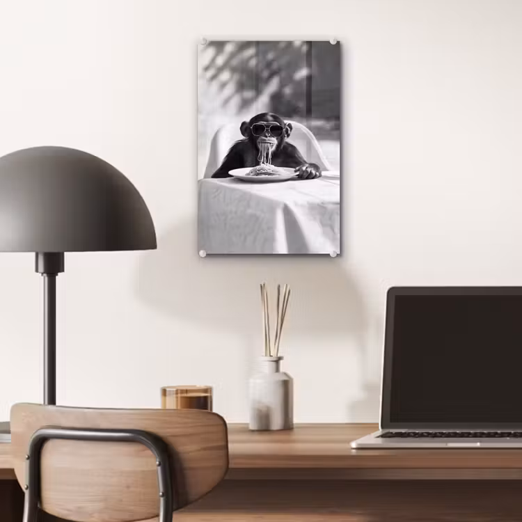 Glas schilderij - Aap - Spaghetti - Zonnebril - Zwart wit - Cool - Dier — 7