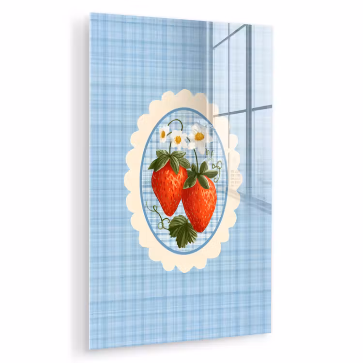 Glas schilderij - Aardbeien - Lijst - Rood - Geruit — 1