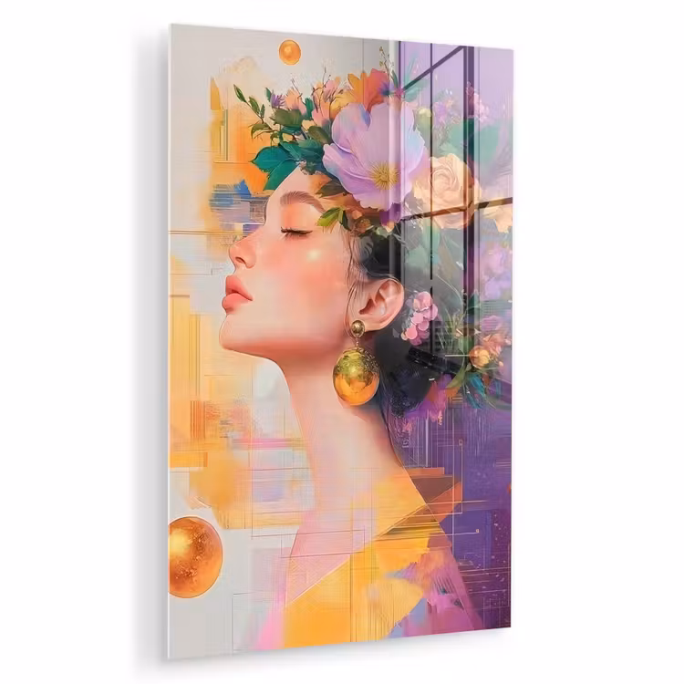 Glas schilderij - Abstract - Vrouw - Bloemenkroon - Goud — 1