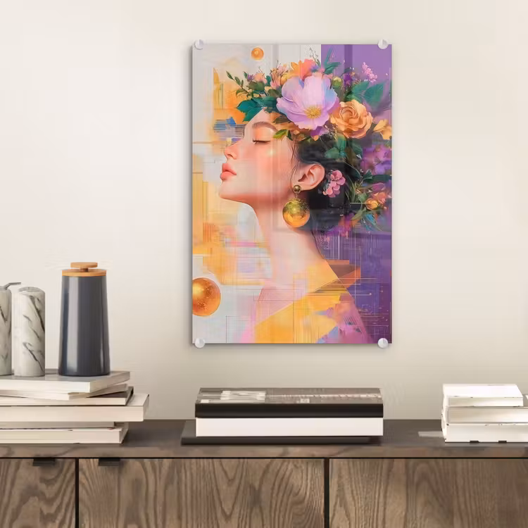 Glas schilderij - Abstract - Vrouw - Bloemenkroon - Goud — 2