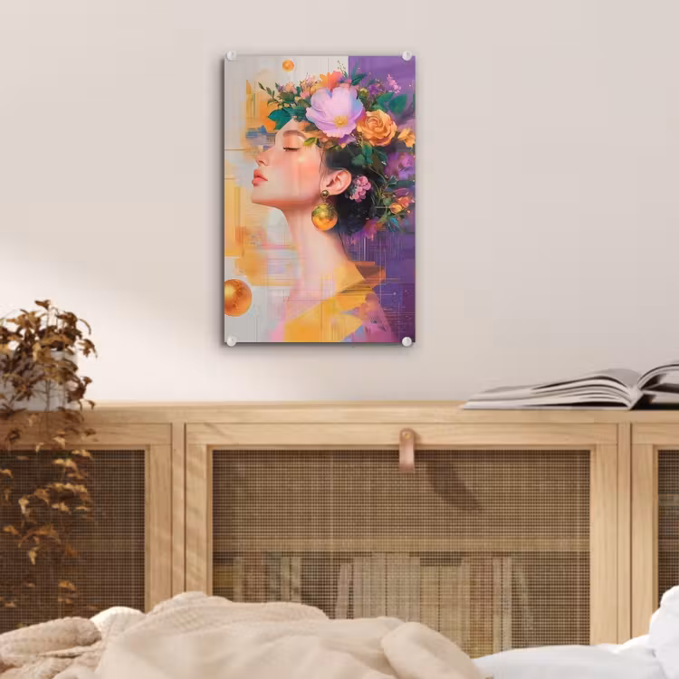 Glas schilderij - Abstract - Vrouw - Bloemenkroon - Goud — 5