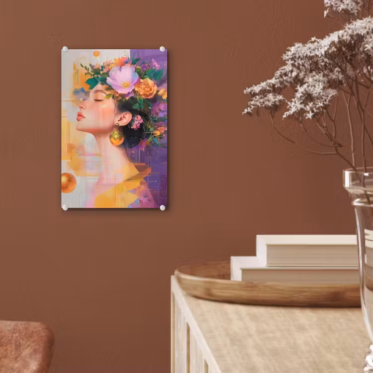Glas schilderij - Abstract - Vrouw - Bloemenkroon - Goud — 6