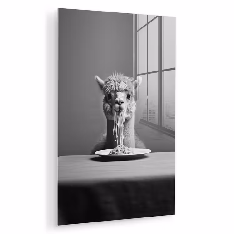 Glas schilderij - Alpaca - Pasta - Zwart - Wit - Grappig - Dieren — 1