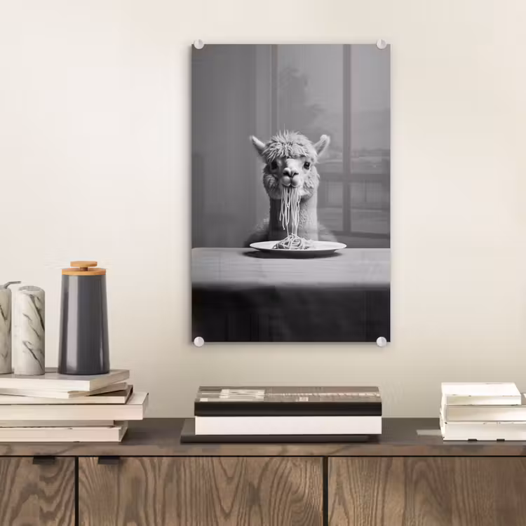 Glas schilderij - Alpaca - Pasta - Zwart - Wit - Grappig - Dieren — 2
