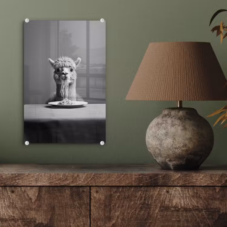 Glas schilderij - Alpaca - Pasta - Zwart - Wit - Grappig - Dieren — 4