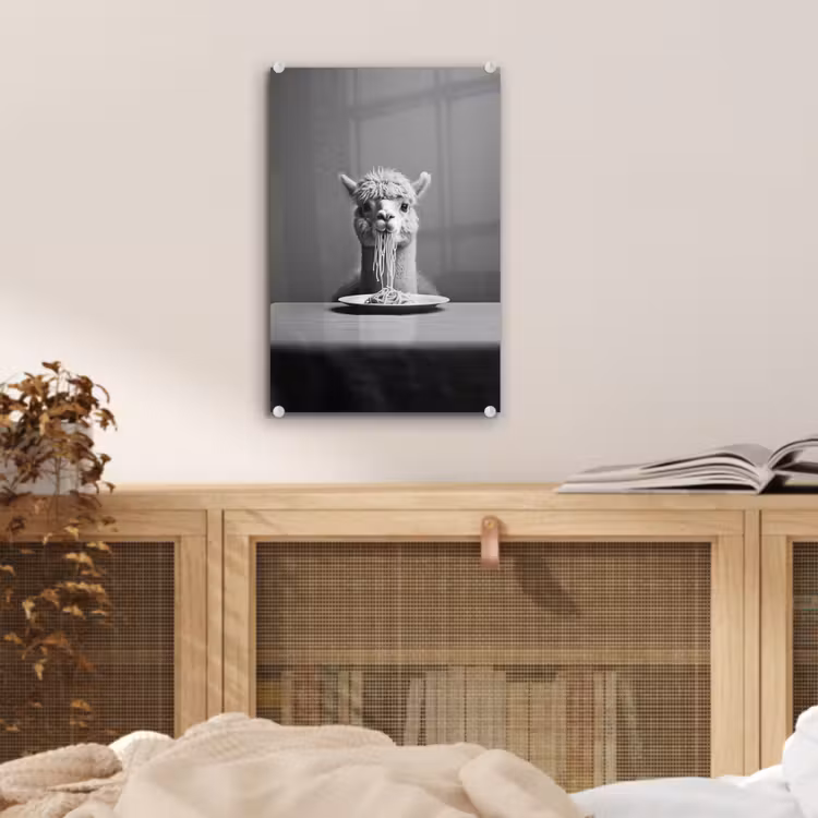 Glas schilderij - Alpaca - Pasta - Zwart - Wit - Grappig - Dieren — 5