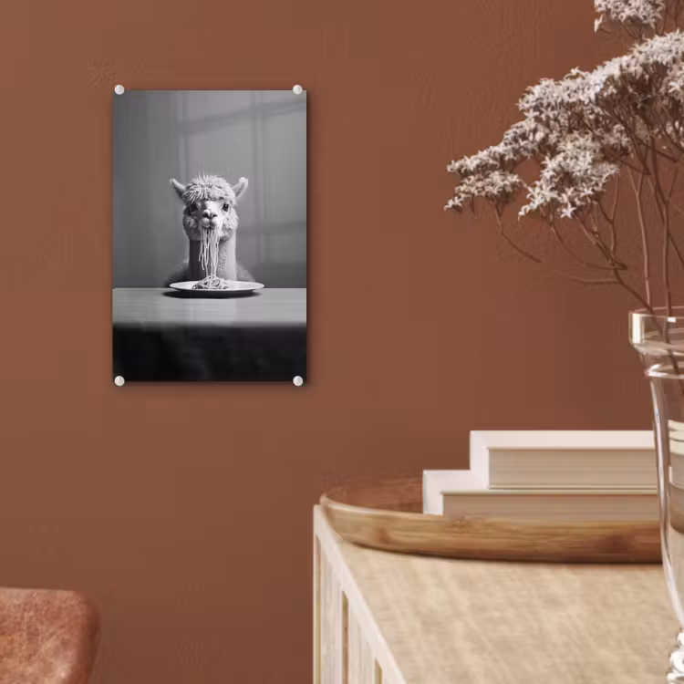 Glas schilderij - Alpaca - Pasta - Zwart - Wit - Grappig - Dieren — 6