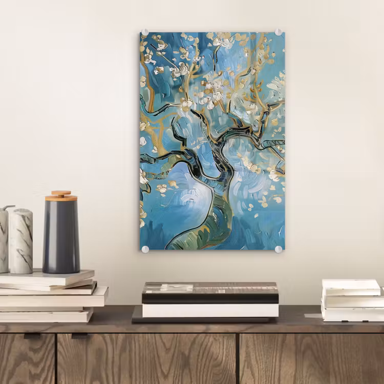 Glas schilderij - Amandelbloesem boom - Blauw - Abstract — 2