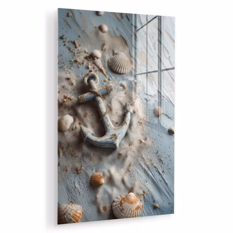 Glas schilderij - Anker - Hout - Schelpen - Zand — 1