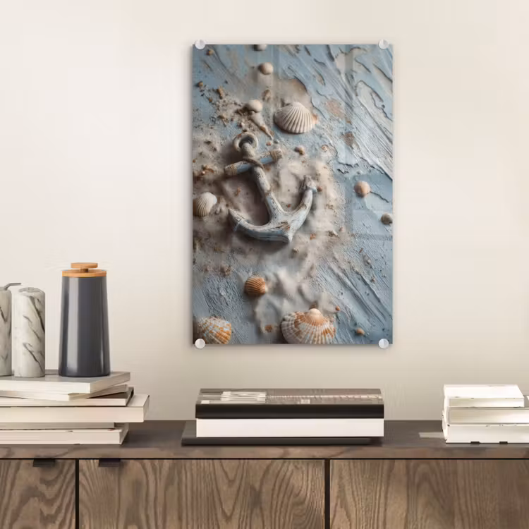 Glas schilderij - Anker - Hout - Schelpen - Zand — 2